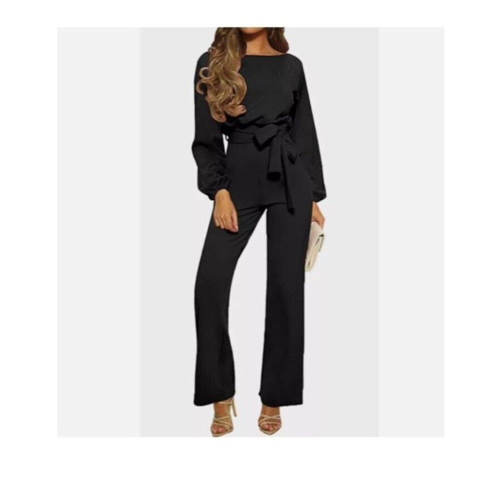 Nikki Lund Jumpsuit XL Long Sleeve Tie Waist Black Preppy‎ Career Cocktail